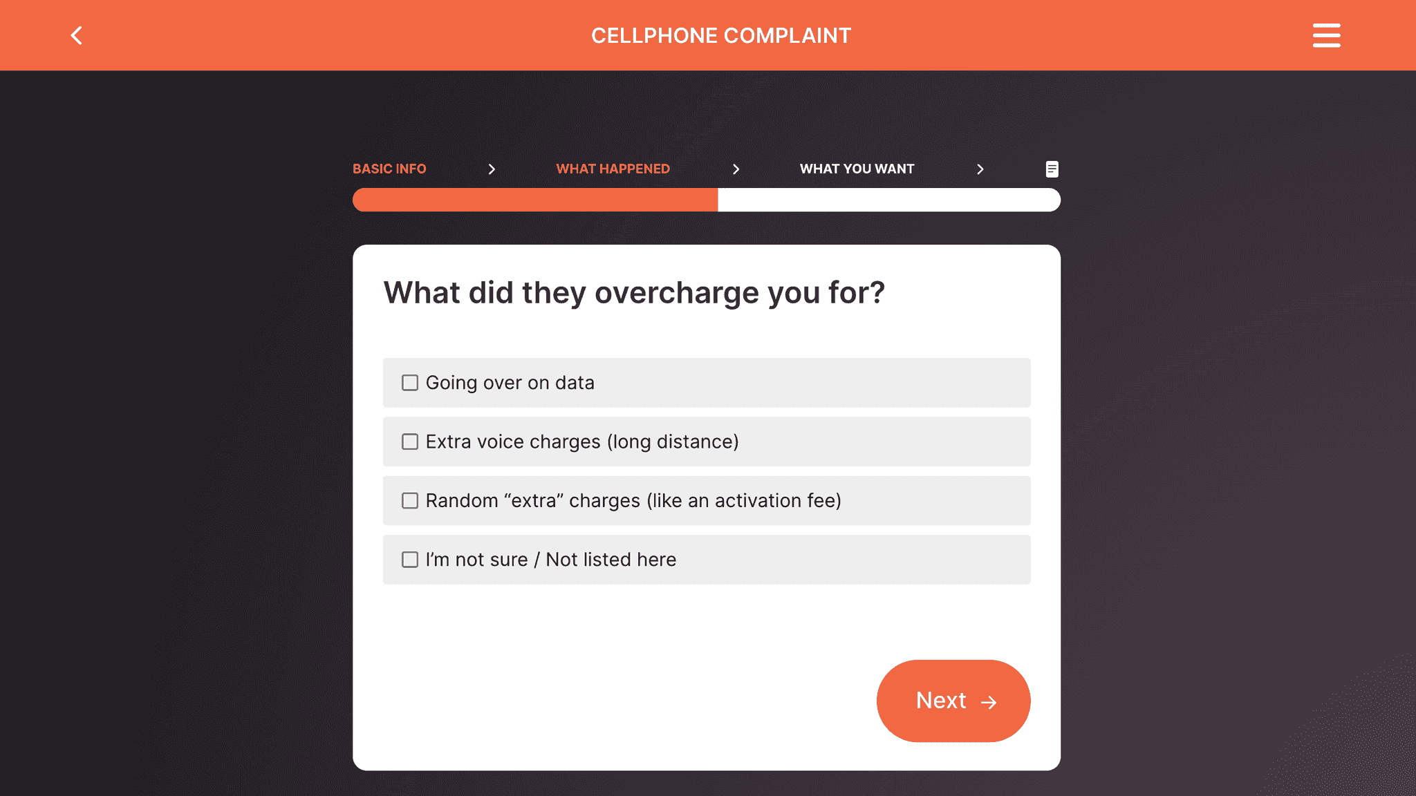 Screenshot of writemyrights.com showing one of the questions to generate a letter.