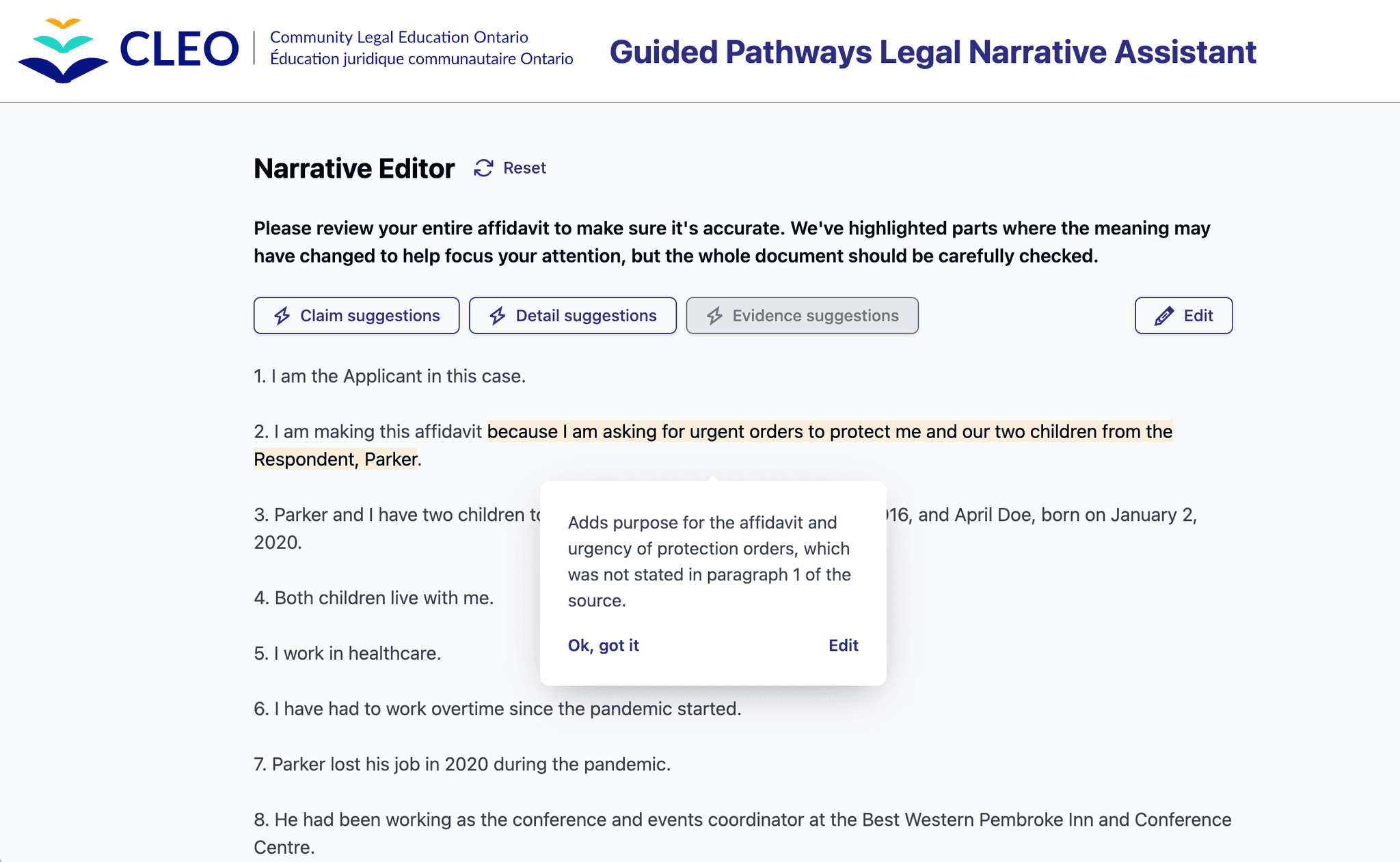 Screenshot of CLEO's narrative assistant with the highlight changes feature shown