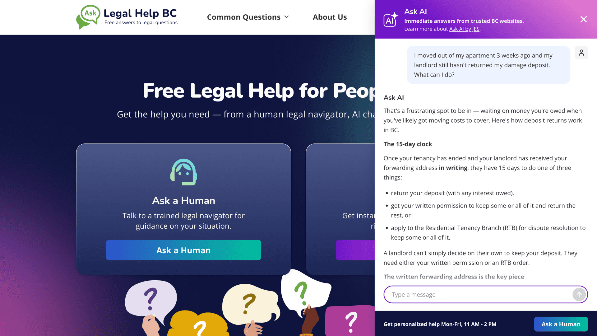 Screenshot of the Legal Help BC home page with the Ask AI chat panel open, answering a question about getting a damage deposit back
