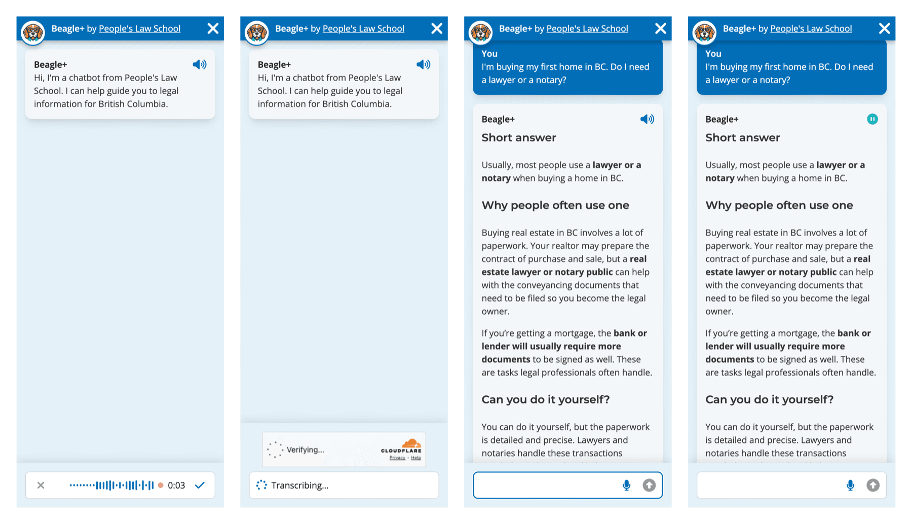 Screenshot of 4 steps in the Beagle+ chat panel: recording a spoken question, transcribing it, the written answer, and the answer being read aloud