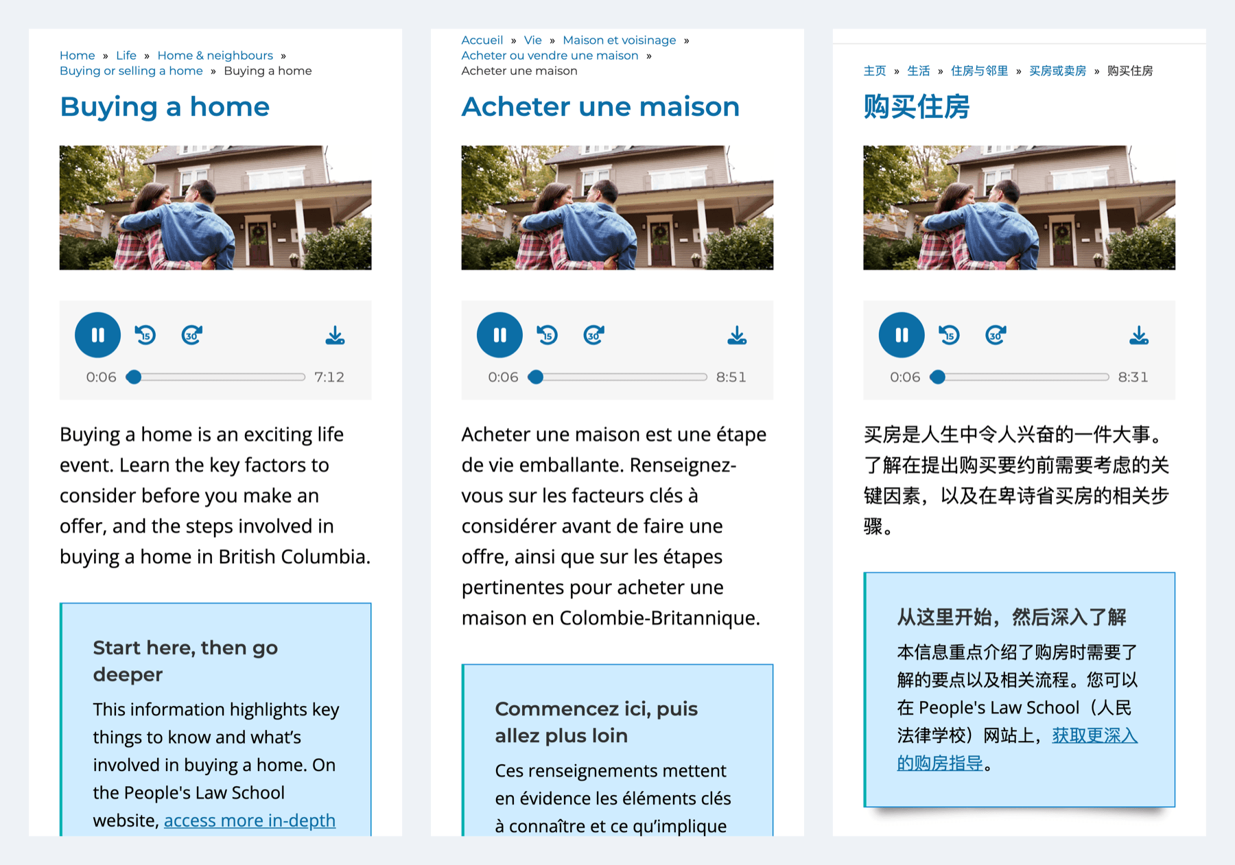 Screenshot of the Dial-A-Law “Buying a home” page on a phone in English, French, and Simplified Chinese, each with its audio player