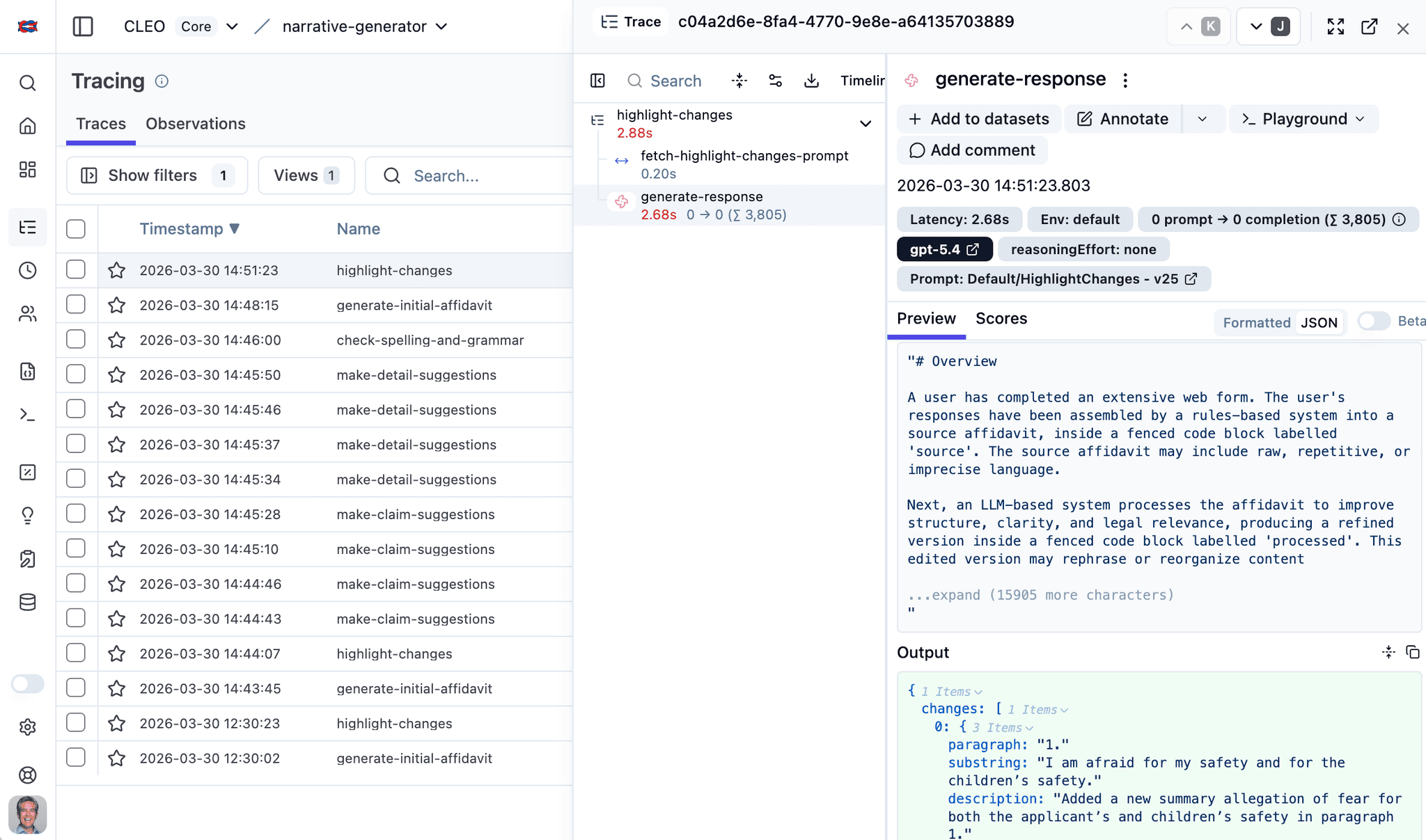 Screenshot of Langfuse for LLM observability