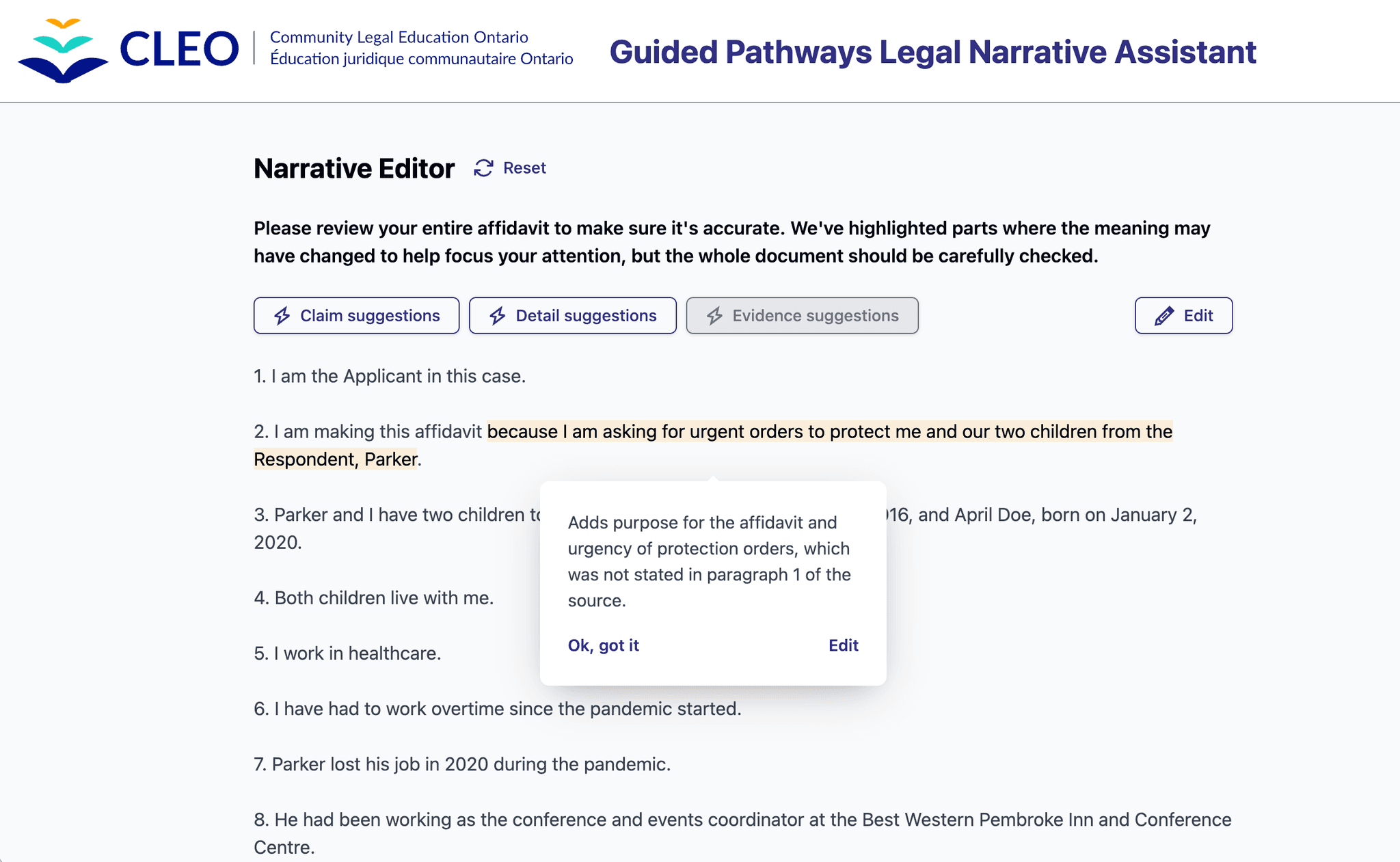 Screenshot of CLEO's narrative assistant with the highlight changes feature shown