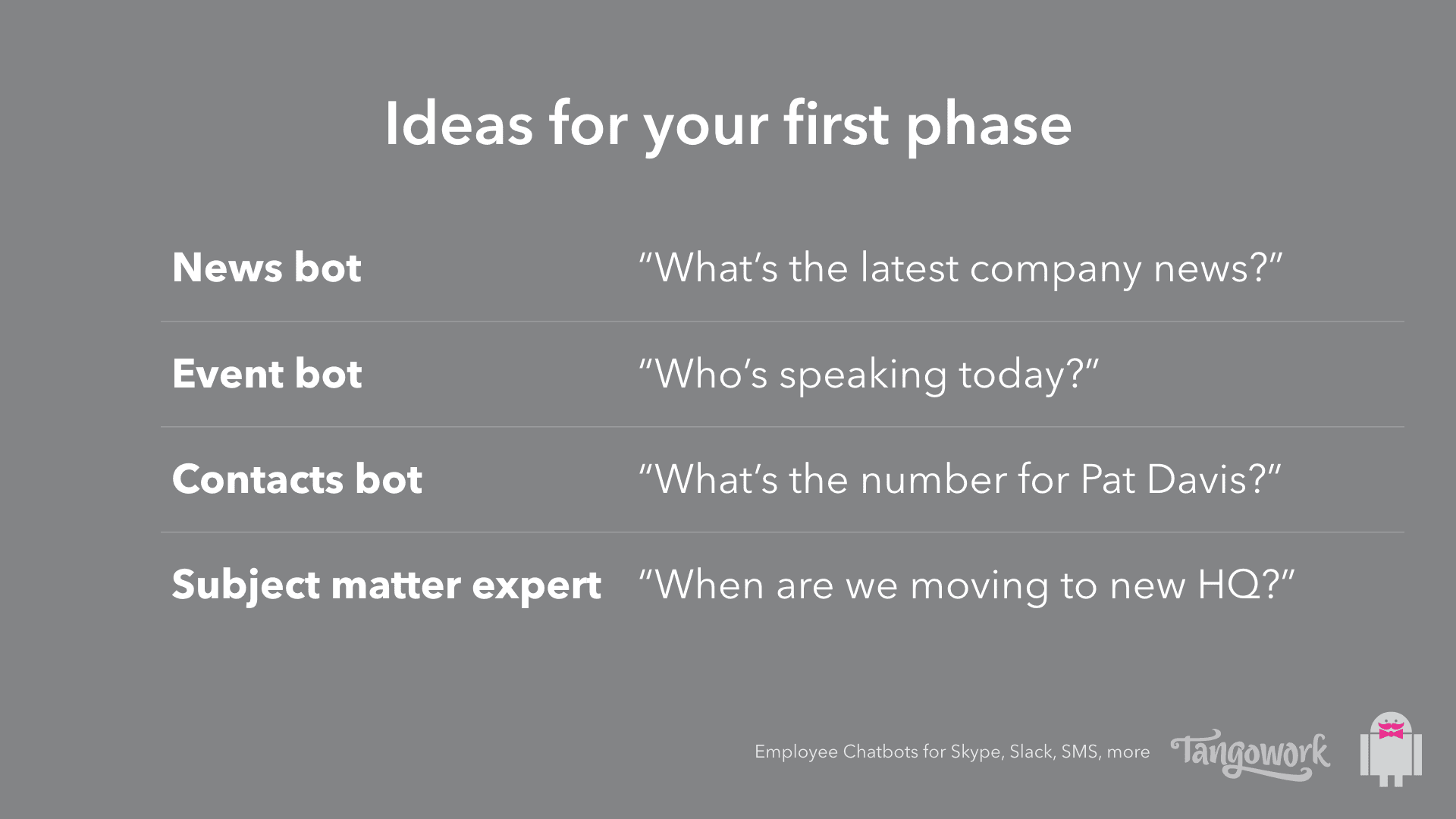 Ideas for your first phase when talking to a chatbot
