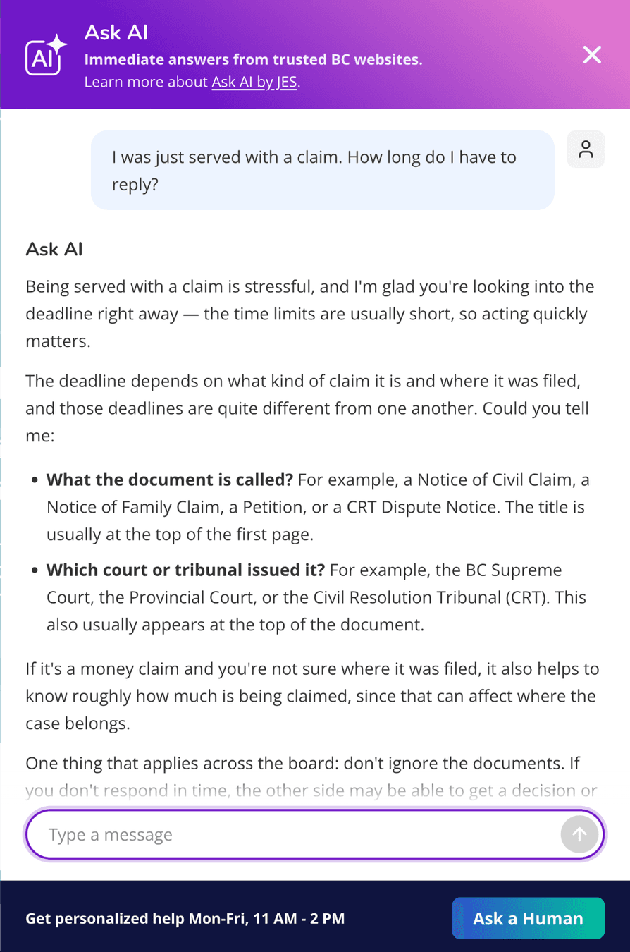 Screenshot of the Ask AI chat panel on Small Claims BC, asking what the person’s document is called and which court or tribunal issued it
