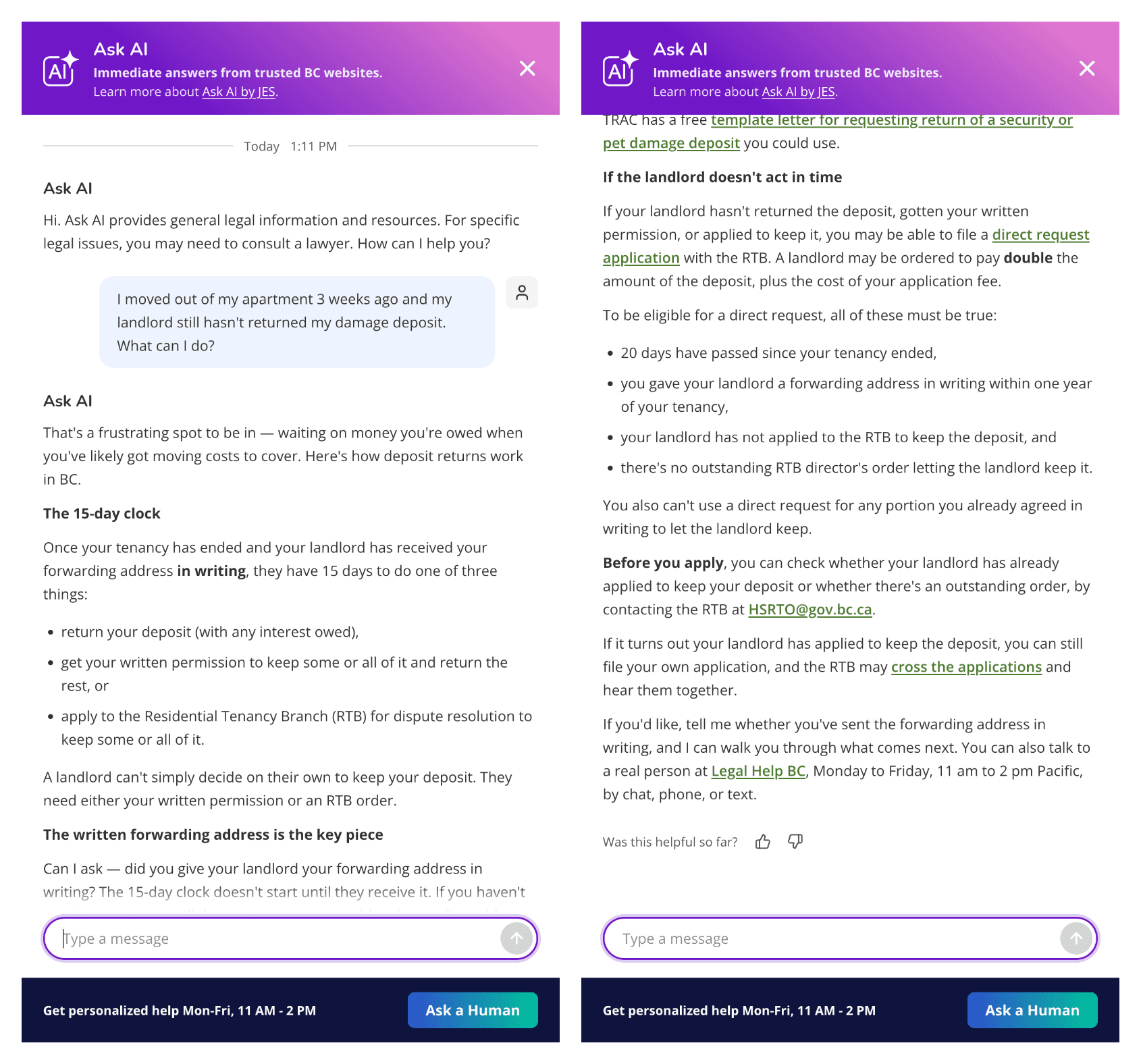 Screenshot of 2 views of the Ask AI chat panel: a question about a landlord keeping a damage deposit, then the end of the answer, with links and a follow-up question